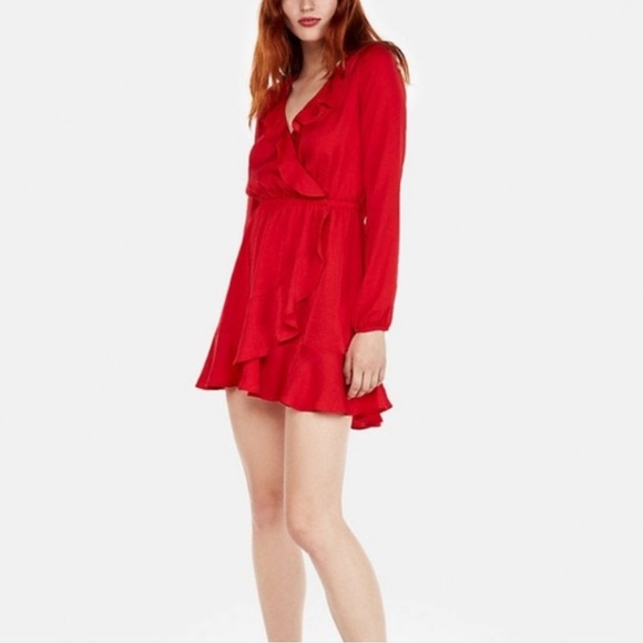 Express Red Satin Ling Sleeve Dress - Picture 1 of 7